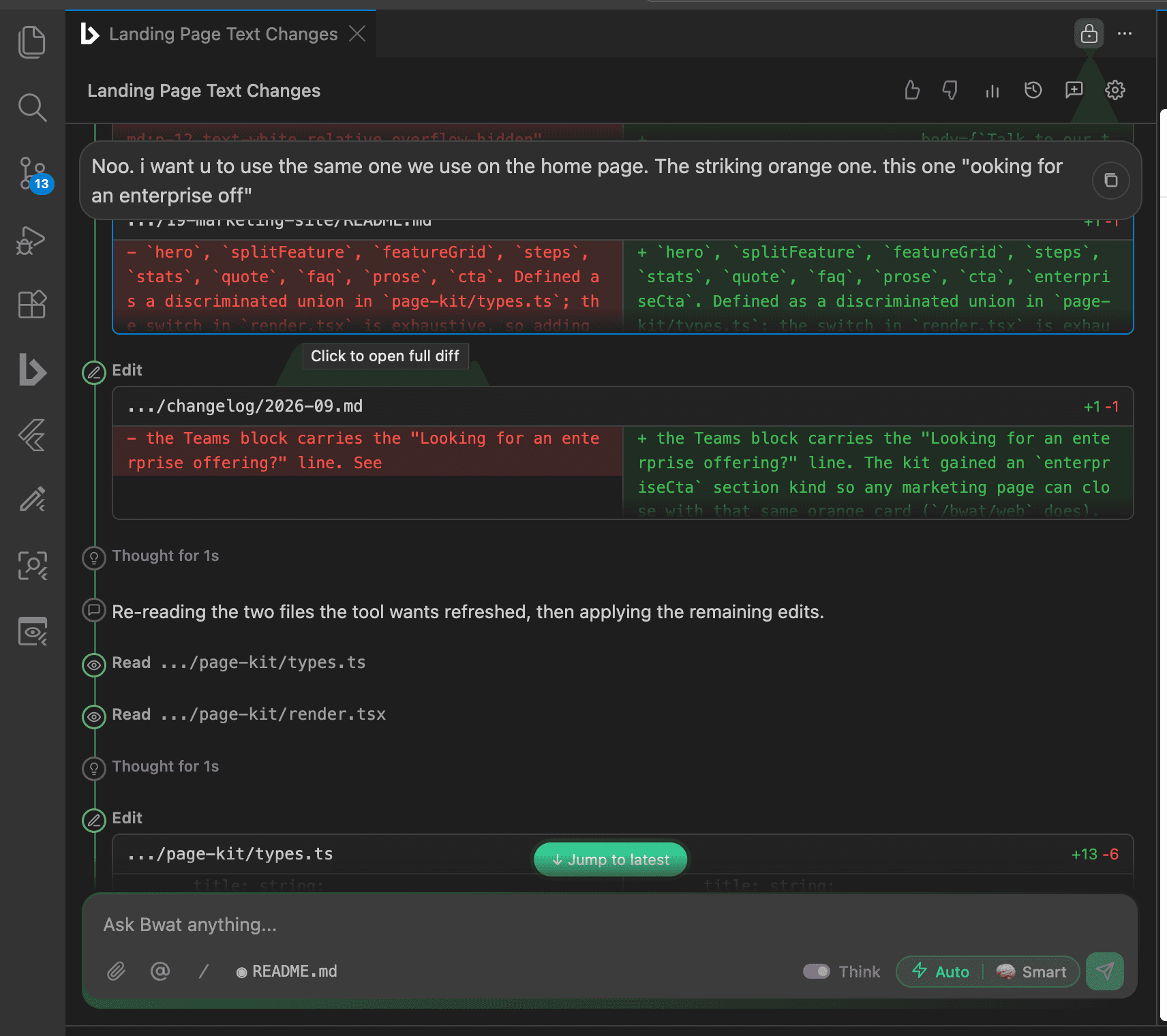 Bwat reading files and project context in VS Code before making a change